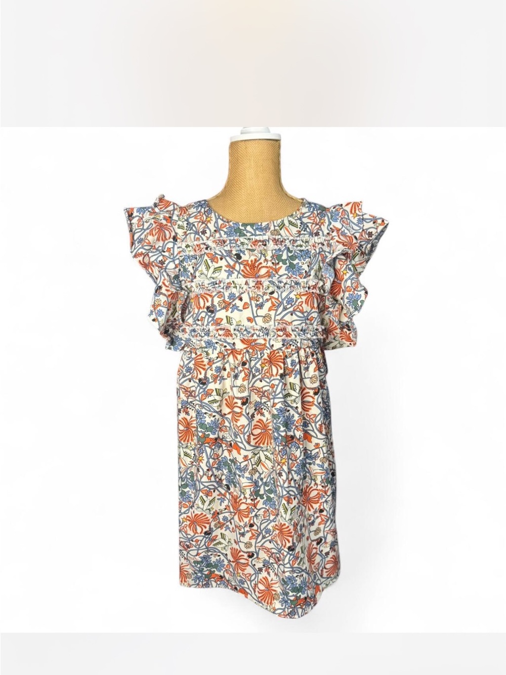 Floral Ruffle Mini Dress in Cream, Orange & Blue